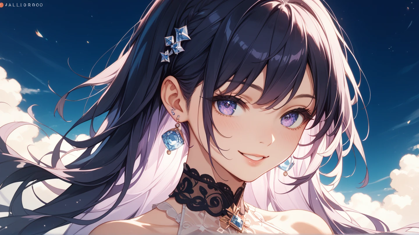 One Girl、Her name is May、Gazing at the audience、
Beautiful Blue Eyes、Black hair, Pink streaked hair , bangs , sexy dresole under the eye、Plump and glossy lips、Heart-shaped choker、smile、ー、。。。。。。。。。。。。。。。。。。。。。。。。。。。。。。。。3D、Real、
sexy dress、Draped clothes、gem、The decoration has been removed、Floral、Lace trim、Bright Stage、
masterpiece、Highest quality、8k、Detailed skin texture、Detailed cloth texture、Beautifully detailed face、Intricate details、Very detailed、
Ultra-high resolution、8K Ultra HD、Film Grain、Best Shadow、delicate、Gazing at the audience、front