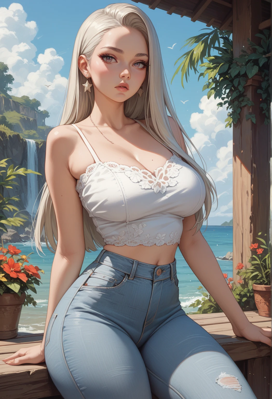 nsfw:1.6, body has two arms, two legs and one head, (Each hand and toe has a thumb, index finger, middle finger, ring finger, and pinky finger.),Top quality:1.2, best quality:1.6, ultra high resolution, masterpiece:1.5 ,4K, 8K, 32K, detailed lighting, shaders, perfect ???????, perfect proportions, highly detailed, ultra detailed, super detailed:1.2, perfect eyes, perfect face, very delicate and beautiful, illustration, sharp focus, very beautiful and detailed anime face, very detailed eyes, cute:1.4,  impressionistic:1.2, blurred background, accurate depiction of arms and hands:1.4, accurate depiction of foot:1.4, Accurate human skeleton drawing:1.4, Anatomically correct human body:1.4,sexually attractive body:1.5,

BREAK

 (Beautiful busty woman about 20s:1.1),(blue-green eyes),(dark skin:1.6), (tan lines:1.2),(Perfect proportions: 1.6), (Small pink nipples:0),(covered nipples:0.5),(full and beautiful breasts: 1.1), (well developed breasts: 1.1), (Thin waist: 1.2), (Slender figure: 1.2), (beautiful buttocks:1.1),(Neatly trimmed pubic hair:0),(natural breast:1.1),

BREAK 

(Beautiful blonde hair: 1.6),( shiny Shoulder-length semi long straight hair :1.6),(Bangs swept to the side, showing forehead: 1.5),

BREAK 

(Calm smile:1.5), (embarrassed:0.8), (blush:1.5),(pink lipstick),

BREAK

((Black)  sleeveless tight  T-shirts:1.6), BREAK (white short hot pants:1.4), BREAK (white sneakers:1.2),

BREAK

 (naked:0.3), (shiny skin:1.3),(White choker:1.6) ,(necklace, bracelet, anklet: 1.3),( very realistic depiction of skin texture:0.4),(realistic nipples texture:0),

BREAK 

(Seducing: 1.5),(profile:0.2), (looking away:0.5),

BREAK 
(from front:0.2),(from below:0.5),

BREAK 

(Grassland on the cliffs of Inishmore Island in Ireland), (breathtaking Blue sky peeking through the clouds), (traditional Irish house in distance),(gravel path:1.2),