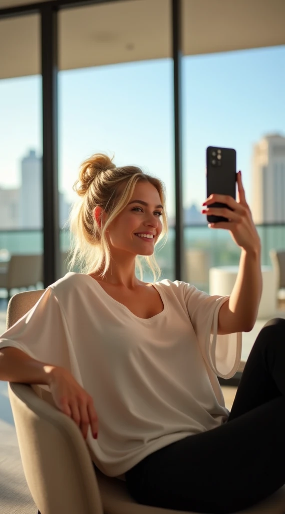 Blonde bombshell , ponytail hair, wearing a large white tshirt, sitting on an office in a hotel room and taking a closeup selfie with iphone in front of the mirror