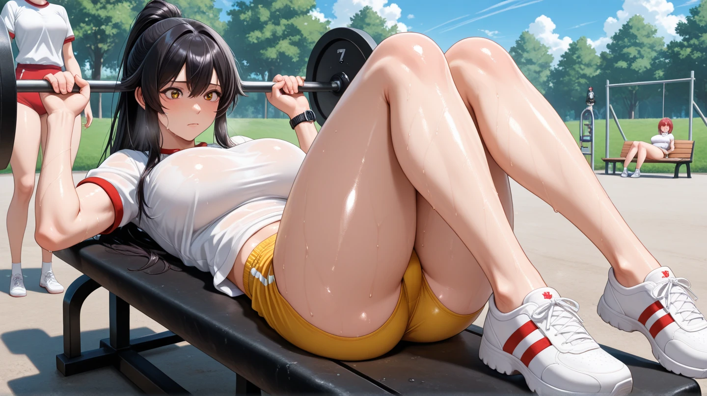 masterpiece, best quality, ultra detailed, watercolor and oil painting fusion, hot black artwork, white line art, beautiful woman, 1 woman, older woman, beauty, perfect anatomy, perfect eyes, perfect fingers, perfect hands, anime girl, gym girl, white t shirt, blue short, wet, tight, ass, breast, thighs, black hair, siren black eyes, seductive smile, soft, seductive, hot, spicy, orgasm face, portrait,