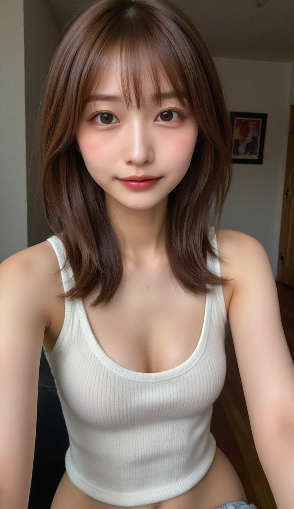 ((beste-Qualit, 10, masterpiece: 1.3)), 1girls, Slim Abs Beauty: 1.Ponytail hairstyle, small boobs: 1.2), dress: 1.1, Super Fine Face, delicate eyes, 二重まぶた, smile, The background is a coffee shop.