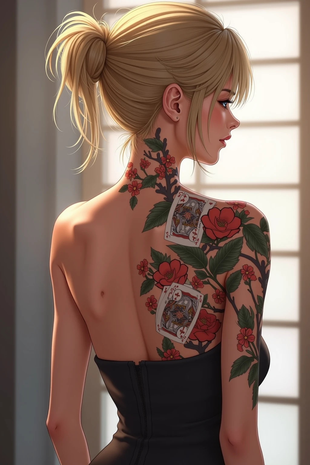 Butterfly and flower watercolor tattoo on the back、White woman、Sexy proportions