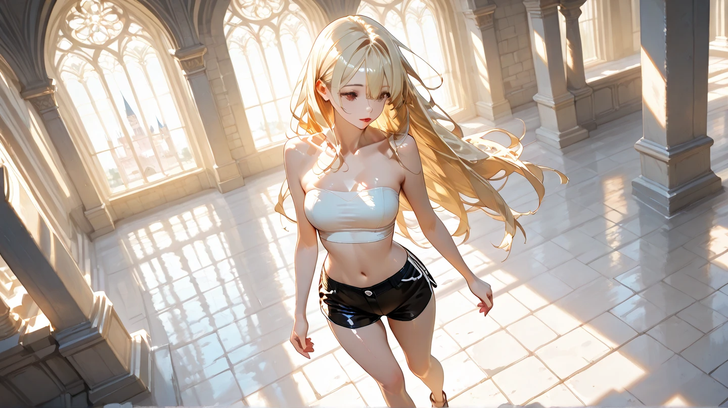 nsfw, ((full body)), (full body in view, full body visible, body forward facing, full body shot: 1.9, full body view:1.9, wide angle:1.2, zoom out, forward facing view), 8K raw photo, Best quality, masterpiece, ultra high res, looking at viewer, ((A 10 year old girl, Beatrix Anerhauser (Zom 100))), long wavy blonde hair, twin tails, natural skin texture, Big Eyes:1.8, Exquisite Eyes:1.5, Glowing Ice Blue Eyes:1.8, almond-shaped eyes, eye-shadow:1.5, intensify in many eyelashes, blonde eyelashes, perfectly arched eyebrows, many eyelashes, and face details, rouge cheeks, small nose, cute nose, button nose, full lips, parted lips, smile expression:1.7, perfect teeth, red lipstick:1.2, small nose, cute nose, button nose, beautiful legs, tall female, skinny, long_legs:1.7, slim_legs:1.8, thin_thighs:1.8, thigh_gap:1.8, ((tiny waist:1.8, small hips:1.8)), supermodel, gymnast body, small breasts, shaved pubic area, bald pussy, flat grey background, naked, black silk stockings, black high heels, perfect feet, ((sexy standing pose:1.7, legs spread)), ((full body)), (full body in view, full body visible, body forward facing, full body shot:1.9, full body view:1.9, wide angle:1.0, zoom out, forward facing view, long slender legs in frame, beautiful face in frame, naked, nude), (nsfw, nude, uncensored), ((full body, completely nude, full body in frame)), a young woman in a bikini posing for a picture in a studio, photo of slim girl model, bikini model, 10 year old female model, model with attractive body, feminine slim figure, full body shot, sexy girl, photo of slim girl, sultry body with sexy abs, gorgeous fitness model, beautiful fashion model body, attractive body, full body shot