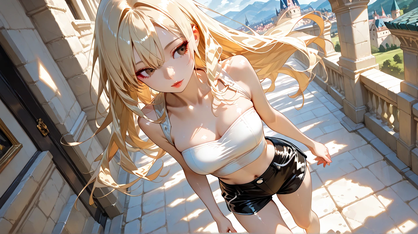 (((Sunset Sunset emphasis Rearward facing Slightly big butt emphasis Butt sticking out、Upper body photo))) ((((Different sexy poses)))))美丽的面容, Highly detailed face and skin texture, (Fine wrinkled eyes, Double eyelids, Thin eyebrows, Glitter Eyeliner: 1.2, Natural cheeks, Shiny skin, Fair skin, (((Underwear with red top and bottom, frilled miniskirt, Full body fishnet stockings))), Glitter necklace and earrings, (shiny lips: 1. 4), (Seductive smile), (), (Blonde long wavy hair, oblique bangs), Short hair, , ((upperbody shot)), ((Focus on chest and face)), medium large breasts, upturned breasts.(((The background is a slightly sepia-toned cityscape...............)))