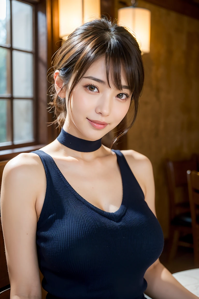 (High reality photograph, high resolusion, detailed face, detailed eyes) Skinny Japanese lady, 40 years old, cute face, various face expression, various hair style, skinny figure, small breasts, very thin waist, in a restaurant, wearing casual clothes