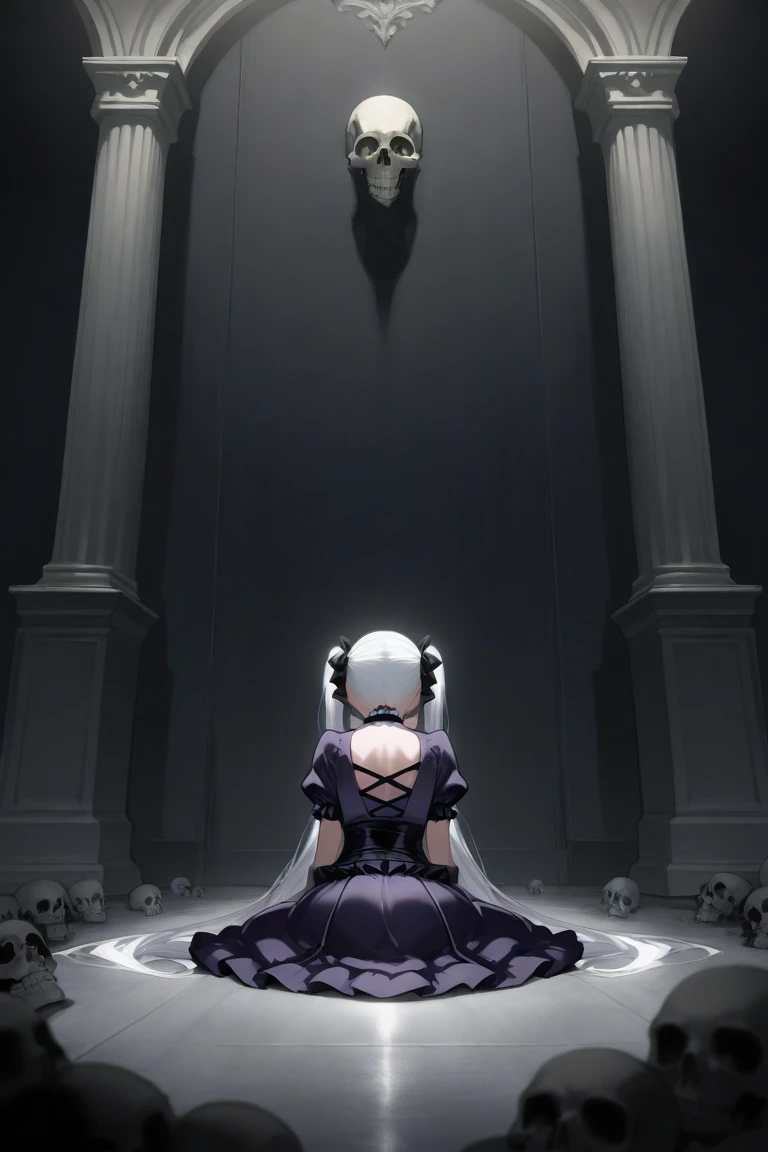 In church。White color hair,A nun dressed in a black latex nun gown kneels on the ground。The nun blushed shyly,Water drips from the corners of the mouth,The hands are tied behind the back of the body by several black tentacles。{Black latex nun dress}