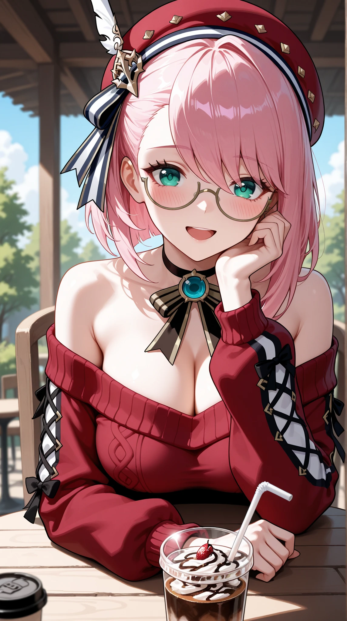 （Best image quality）,masterpiece,8k wallpaper,One Woman,22 years old,Europe,（（German folk costume））,((Large Breasts))，Cleavage,On all fours,Looking up at the audience,Captivating smile，Pink Cheeks，((Glasses))，The background is a German village,Natural soft light,frontage,70 degree angle of view