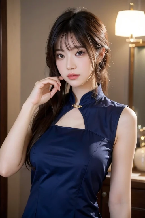 (((1girl:1.3))), ((20yo:1.3)), (she is most Intelligent President's Secretary),
BREAK
(surprised smile:1.2), ((neat-theme hairstyle:1.3, Side-swept hairstyle:1.4), loosely wavy hair, side-swept bangs), ((luxurious studs necklace:1.2)),
((medium large breasts:1.3)), (Accentuated breasts:1.3, film breasts, nicely shaped breasts:1.1, perfect body, showing sideboob:1.3),
BREAK
Formal dress(mixed dress of (sleeveless Chinese style dress(color : blue) with bare-shoulders and (Chiffon dress), halter-neck, ((pattern : all over the dress gold dragon print)), (loose style), (pin-heels)), detailed dress, high-detailed fabric, high-quality Secretary dress, high-quality clothes Texture,
BREAK
(Standing with elegant pose in front of wide glass door of entrance of Luxurious office building:1.3),
((a luxurious sofa, luxurious interiors, and potted plants inside Seeing through the glass door)), ((long shot:1.3)),
BREAK
((Please create a photo that conveys her serious expression and the sense of realism at the work moment she is walking:1.3)),
BREAK
(sunset lighting:1.5, backlighting:1.3), (light and shadow:1.4), ((Upper body shot:1.5)), (from below:1.3), ((Focus on her:1.2)),