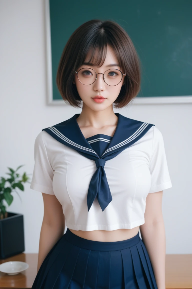 ​masterpiece、top-quality、The ultra -The high-definition、、flat-colors、depth of fields、lensflare、
Sober One Girl、、15yo student、Light makeup、sitting on、A dark-haired、Silver glasses、watching at viewers、very very gigantic boobs、so short hair、school、‎Classroom、Pleated mini-skirt、Take off your uniform、a sailor suit、Black pantyhose、Detailed feel、Detailed Cloth Texture、beautifull detailed face、Adult atmosphere、Pubic hair shows through