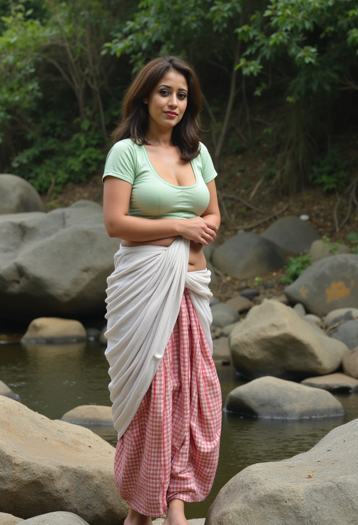 nighttime view, close up shot of night scene, close up photo of a 26 years old beautiful girl from top view, wearing pink saree, walking in forest night, looking to camera, big and curvy cheeks, hourglass figure, c-cup breasts, ponytail, necklace, (cinematic:1.3), intricate details , (ArtStation:1.2)