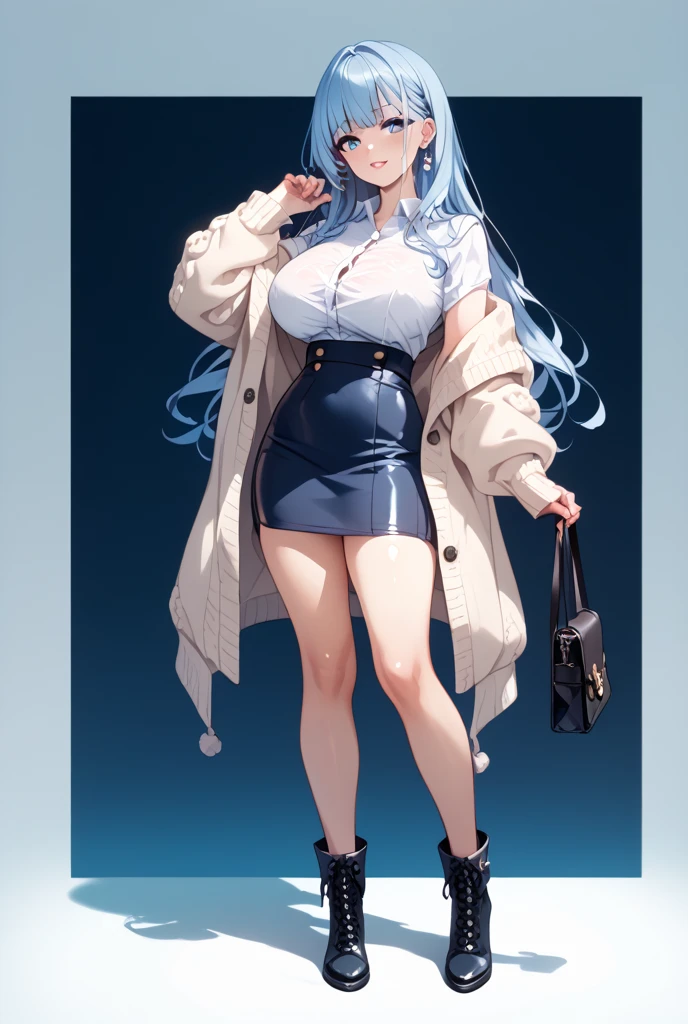 Light blue hair, yellow eyes, long hair, massive boobs, legs, thigh, collarbone, bare shoulder, big sweater, in building