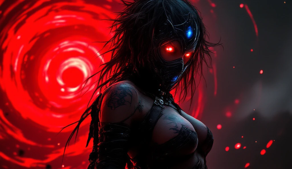 (best quality), (top quality), (dark), (whole body), (melancholy), (sadness), (agony), (terror), (horror), (neon) woman wearing halloween mask, holding a blood-stained chainsaw.