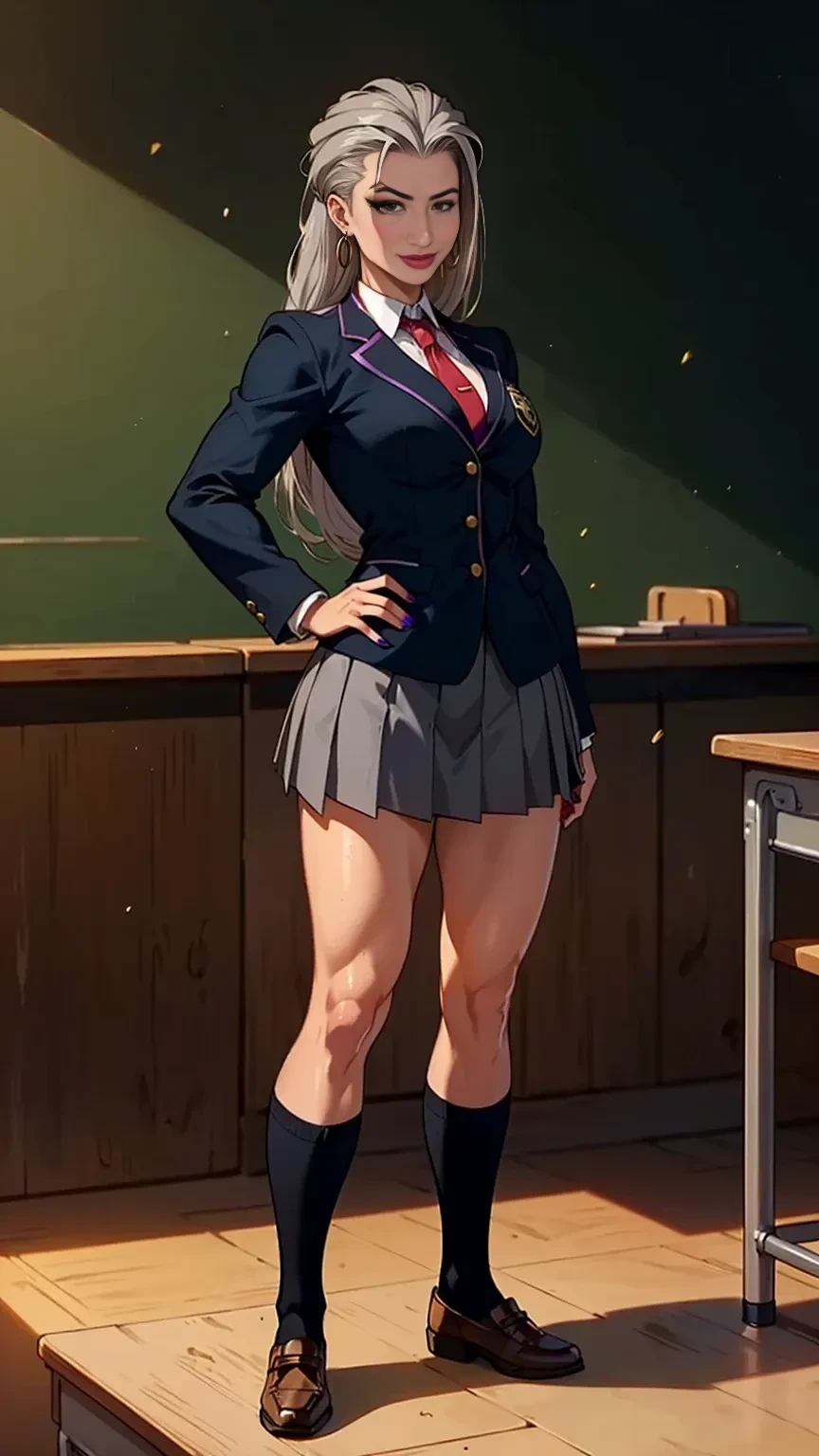 score_9, score_7_up 1girl, solo, mirko, thighhighs, skirt, dark skin, the pose, classroom, collared shirt, necktie,