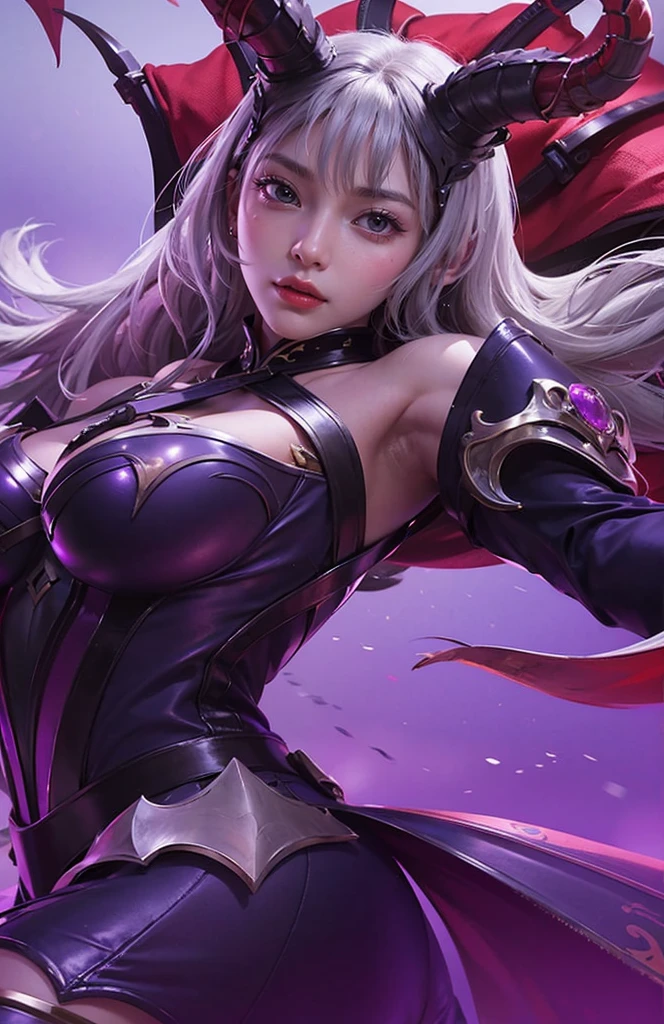 (female:1.2), 8k, ultra hd, ultra detailed texture, hyper realistic, masterpiece, detailed texture, detailed face, detailed skin, detailed lighting, (photorealistic:1.5), best quality, beautiful lighting, cinematic lighting, professional lighting, ultra highres, realistic, detailed hair, real hair, high quality, (realskin:1.5), extremely detailed, finely detail, ultra-detailed, 1girl, elf, solo, pointy earlue eyes:1.2), pink lips, make up, pretty, beautifull, cute face, wonderland, eye shadow, v-shapped eyebrow, very long hair, ponytails, white hair, hair covering one eye, holding bow \(weapon\), aiming, bare shoulder, separate sleeves, armor shoulder, silver armor, blue cape, blue sleeveless, gloves fingerless, armor elbow, large breasts, cleavage, navel, stomach, night, galaxy, blurry background, belt, black pants, blue light, blue energy, electric, feather, miya \(mobile legends\), closed mouth, looking aways, amazing pose
