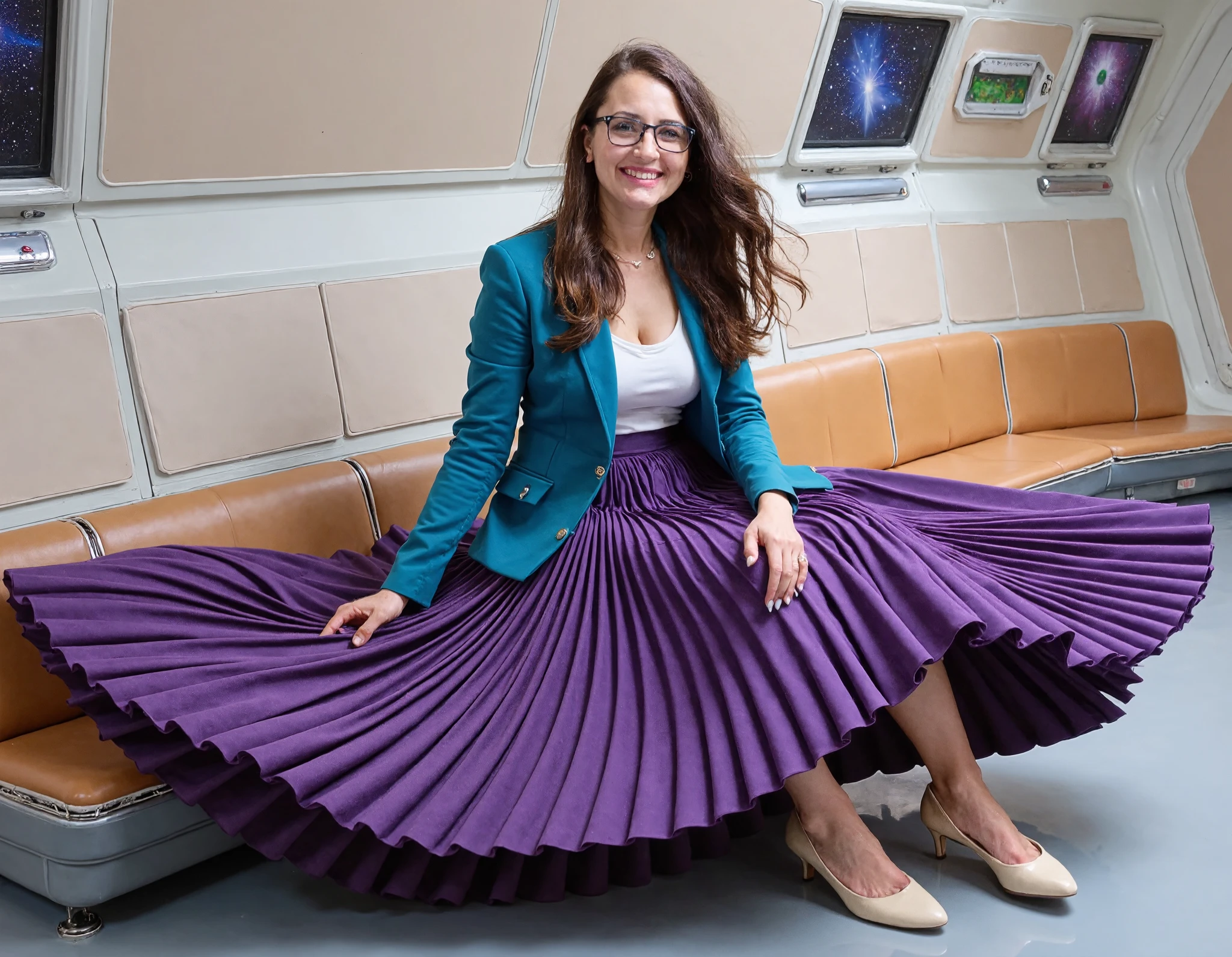 Soft focus captures a vintage aesthetic on 35mm film, reminiscent of Portra400 or Vision3 200T/500T. In a spaceship office, your therapist, who is a kind, mature lady sits on her desk surrounded by starry cosmos through large windows, showing her empathy and maternal affection for you. Her long, pleated skirt, with very visible and sharp pleats, flows elegantly around her legs as she wears a uniform jacket over a blouse. Modest low-heel shoes and glasses complete her outfit. Gentle features on her beautiful, mature, feminine face beam with a warm smile as she flirtatiously lifts her skirt and seductively spreads her legs, inviting intimacy and comfort. Her skin is flushed, sweaty, and her cheeks blush. Her lips beckon for a kiss, as she desperately lusts for love and passionate embrace. The metallic spaceship interior is illuminated by warm light and a hint of moonlight, emphasizing your therapist's lust and seduction.