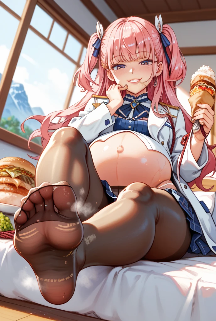 march 7th from honkai star rail, fat, big belly, obese, pregnant, fat stomach, eating ice cream, table with food, very fat