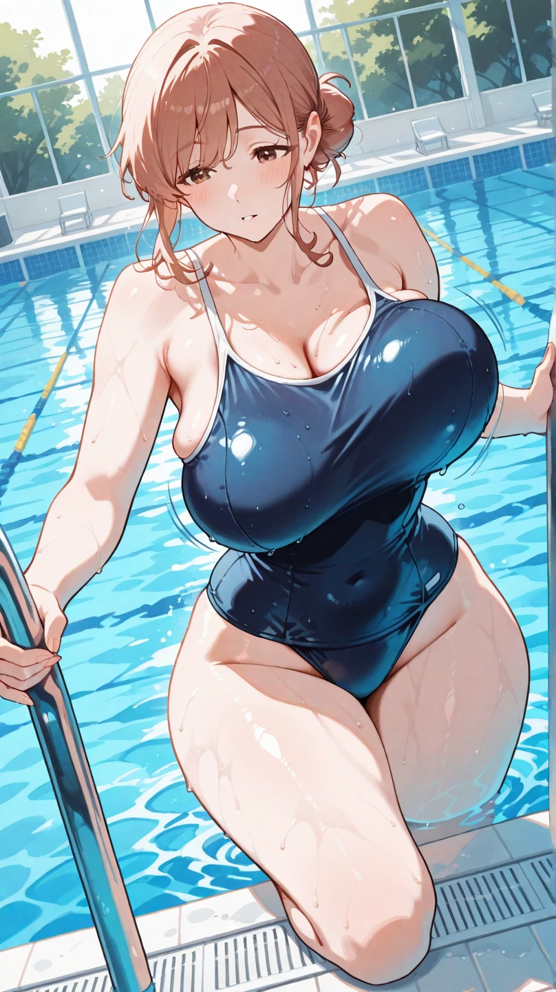 mature female, housewife, milf, 40 years old, (curvy woman:1.2), (gigantic breasts:1.2), (smile:1.2), (shiny skin, glistening skin, high gloss skin:1), (sweat:1.4), The character with black short hair and light black eyes, dressed in her white bikini. (standing, outdoor, nature, school pool:1.5).