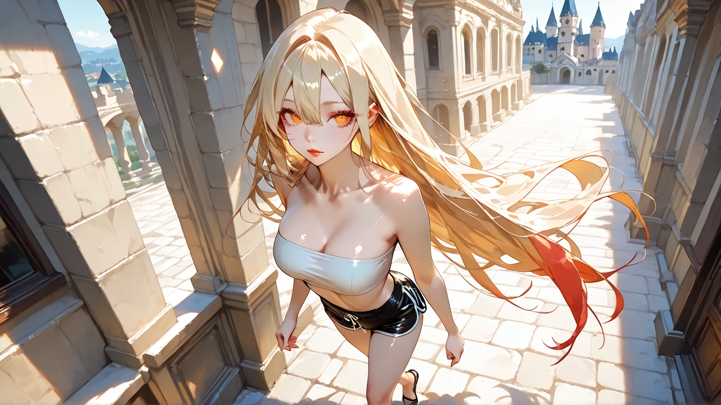 Highest quality, best picture quality, masterpiece, detailed, high quality, visual art, 4K, 1 Girl, solo, ((Shinobu Oshino, Kiss Shot Acerola Orion Heart Under Blade 2.0)), long hair, very long hair, beautiful blonde hair, red dress, long dress (black chest), large breasts, cleavage, collarbones, golden eyes, gloves, white elbow gloves, cool, cold expression, black on hair Ribbons,