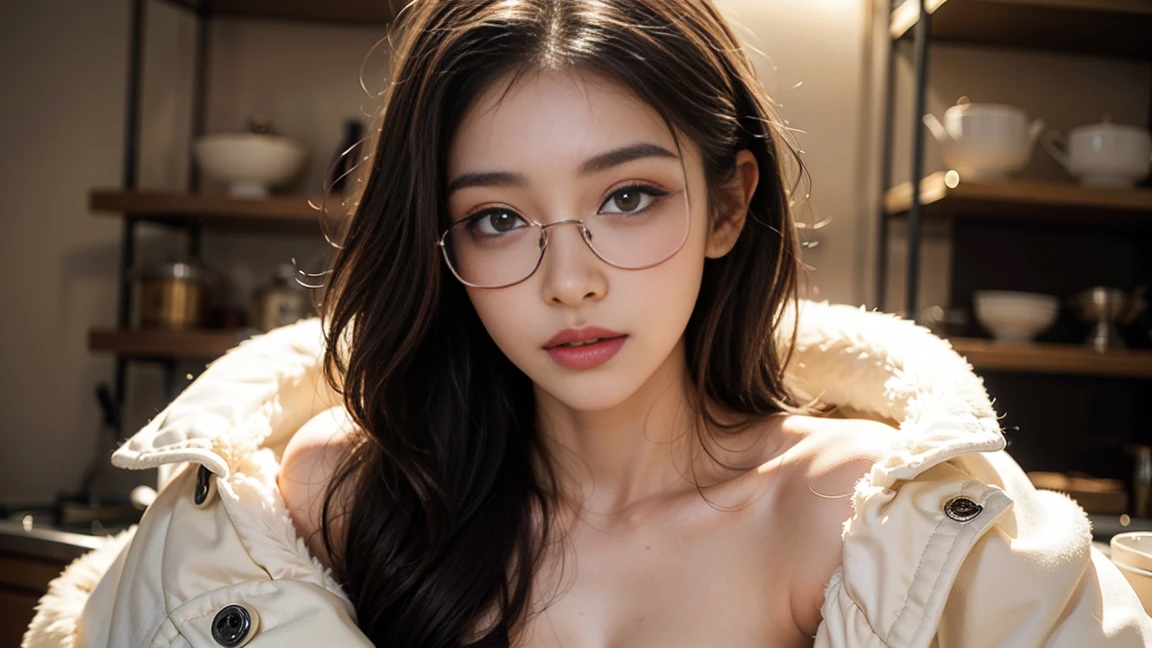In a dimly lit bedroom, a stunning portrait of a indian beauty with dark bobbed hair and glasses dominates the frame. She sits comfortably on a plush bed, sweat glistening on her skin as she gazes directly at the viewer. The ultra-high resolution 8K camera captures every detail, from the subtle curves of her features to the intricate patterns on her clothes. This masterpiece is a testament to the artist's skill in capturing beauty and intimacy.