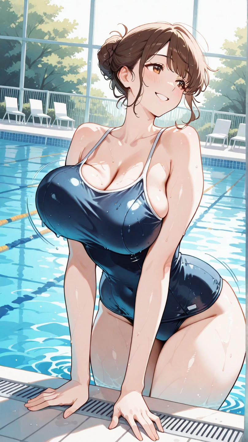 A boyish, short-haired, busty, beautiful-legged woman is standing by the pool in a competitive swimsuit, legs spread to the sides, blushing, with her mouth open and a stunned look on her face.。