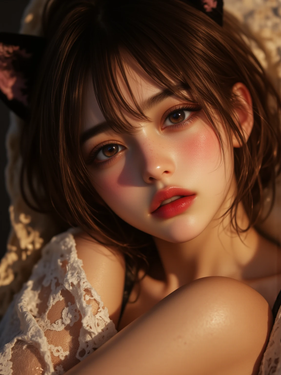 masterpiece,
high quality,
32k,
hyperrealism,
soothing tones,
muted colors,
high contrast,
soft light,
sharp,
artistic photoshoot,
 body,  face,  hands,  feet,small breasts,adolescence,cute,slender,european, eyes,pale cheeks,square face shape with angular jaw,natural "no-makeup" makeup,( __NW/NW blonde hair__ hair ), looking at viewer,lace braid hairstyle, (кружевное белье:1.6), (сексуальная поза:1.6), (вид со спины:1.6), (лежа на животе попа поднята вверх:1.8)