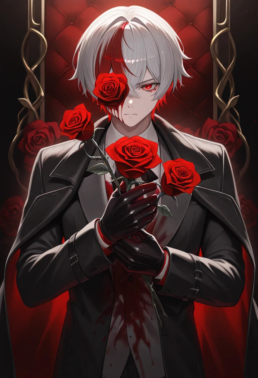 Solo, male, white hair, red eyes, black coat, red scarf, black roses, red roses, thorns, blood