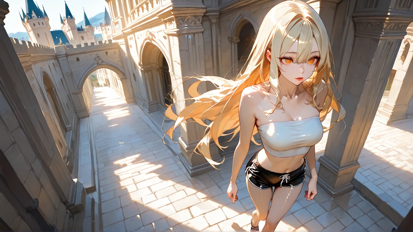 Early 30's, long blonde hair, large heavy breasts, slender toned build, pink tank top (braless), short leather skirt, pantyhose, leaning against a wall in a dungeon, legs parted, eye contact, cowboy shot, close up