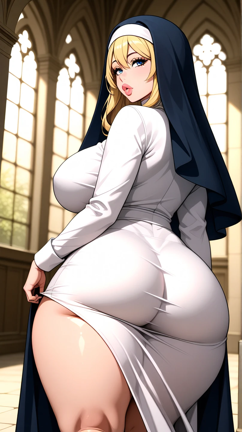 best quality, hyper realistic, nun, church nun, ((gigantic breasts)), ((huge ass)), (sexy body), nsfw, sinner nun, heart pupils