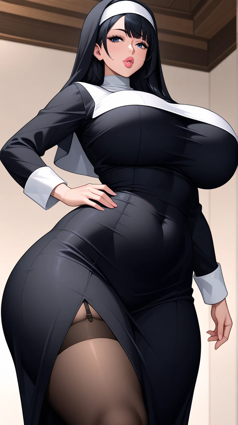 a woman nun sect sexy beautiful big breast beauty skin pink short pink hair disheveled her eye black pupil yellow dresses black nun and a black skirt longer pair white socks long black shoe