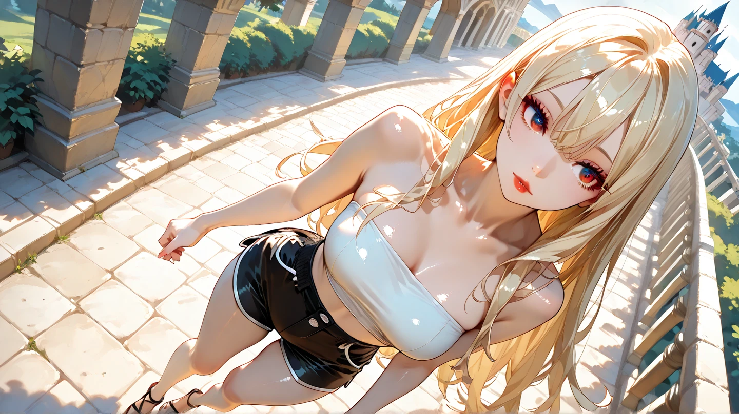 Very detailed、highest quality、Best image quality、masterpiece、8k、Sparkling Blue Eyes、Anime Face、A kind smile、Open Mouth、(Blonde long hair:1.5)、(SFW Giant)、Rear View、Cowboy Shot、(White Thong:1.5)、(Muscles of the whole body)、Horn、ckundies
