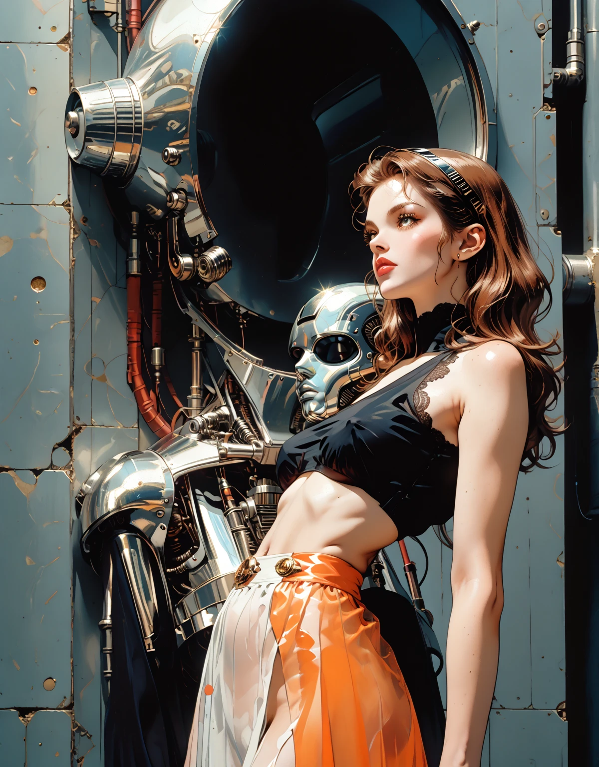Sexy girl, trapped lost in the labyrinth of industrial machinery mechanism (art inspired by juan gimenez). oil painting)
