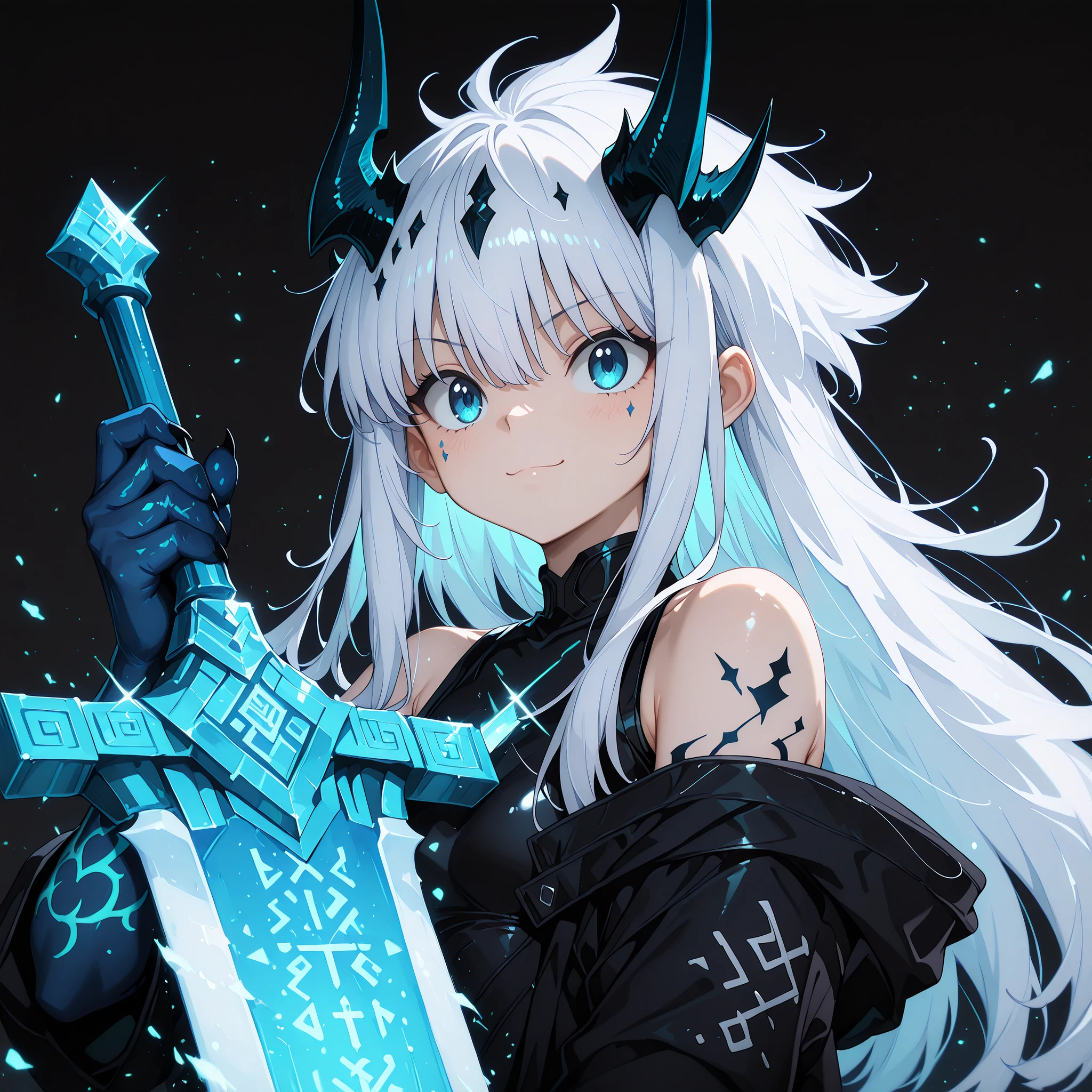 alone, 1 boy, young character, character with height and body of Killua Zoldyck from "Hunter x Hunter", the character is male and young, four long black horns like Reed The Flame Shadow from "Arknights", black dragon tail like Reed The Flame Shadow from "Arknights" with a large sky blue flame at the tip of the tail;
sparkling white hair with blue inside, the character's hairstyle must be the same as Wendy Marvell's Dragon Force form from "Fairy Tail", long bangs, the character's face must be the same as Killua Zoldyck from "Hunter x Hunter" but with blue eyes, flashy blue eyes, provocative face, provocative smile, young, perfect and beautiful face;
perfect anatomy, arms with colorful design like Dusk's, sky blue arms, sky blue hands, hands with claws, shoulders with sky blue runes;
black coat like Dusk from "Arknights", the coat must be falling down the arms leaving the shoulders exposed with visible sky blue runes drawn on the shoulders, the inner clothing must be black with gold details and must be tight to the body covering it completely with cyberpunk design, exposed blue arms, exposed shoulders with blue runes drawn, short stature;
holding a gigantic greatsword whose blade is longer than the character's height, gigantic greatsword completely black, huge black blade with blue runes on the blade;
black background, attack position "holding a gigantic greatsword whose blade is longer than the character's height, gigantic greatsword completely black, huge black blade with blue runes on the blade", looking at the viewer, and hands with blue details, arms colored in the style of Dusk from "Arknights" but in sky blue;
Flashy pose, shoulders and head exposed, close to the face, looking at the character, looking at the viewer, face to face, provocative smile, confidence, height and body similar to Killua Zoldyck from "Hunter x Hunter", male character, character is a young boy, character has a physique and body similar to Killua Zoldyck from "Hunter x Hunter";