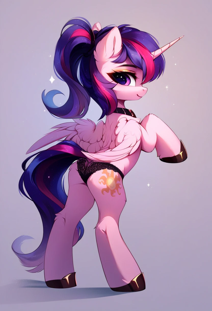 score_9,score_8_up,score_7_up,score_6_up, ((my little pony)), radiant lighting, vibrant colors, whimsical atmosphere, 8K, high resolution, highly detailed, masterpiece, dark-red body, violett hair, dark purple eyes, lingerie black top, black thong, seductive pose, showing butt