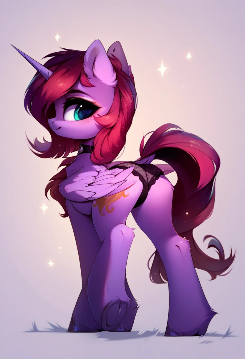 score_9,score_8_up,score_7_up,score_6_up, ((my little pony)), radiant lighting, vibrant colors, whimsical atmosphere, 8K, high resolution, highly detailed, masterpiece, dark-red body, ((purple hair)), dark purple eyes, lingerie black top, black thong, seductive pose, showing butt