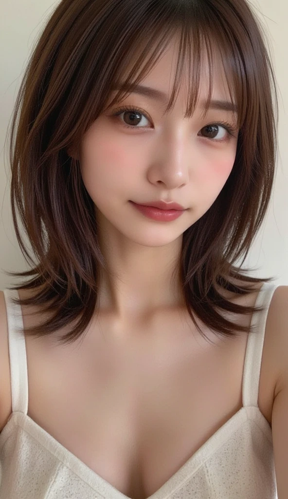 "(highest quality、16K resolution)"1 girl、solo、natural soft light、、Upper body、japanese woman、((Don't look at the camera))、((white wall room with window))turn to the side、Versatile poses、standing、beaver、woman in her 30s、light bangs、short hair、salon model、natural look、Portrait、floating hair、curled hair、((constricted hair))、white blouse