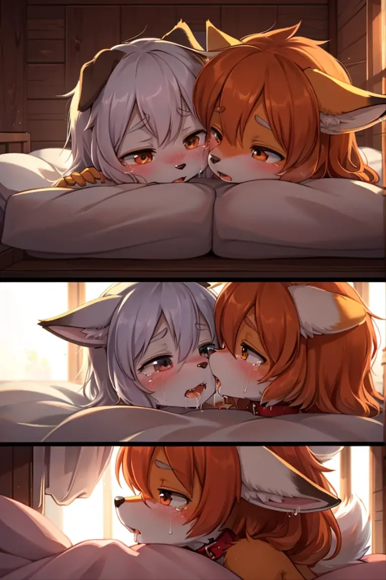 Dog boy and fox girl, 4K quality, High resolution, Holding hands, Deep Kiss,Drooling,
Wearing a red collar,Feelings of love,Cute face, Crying in bed,Doghouse life