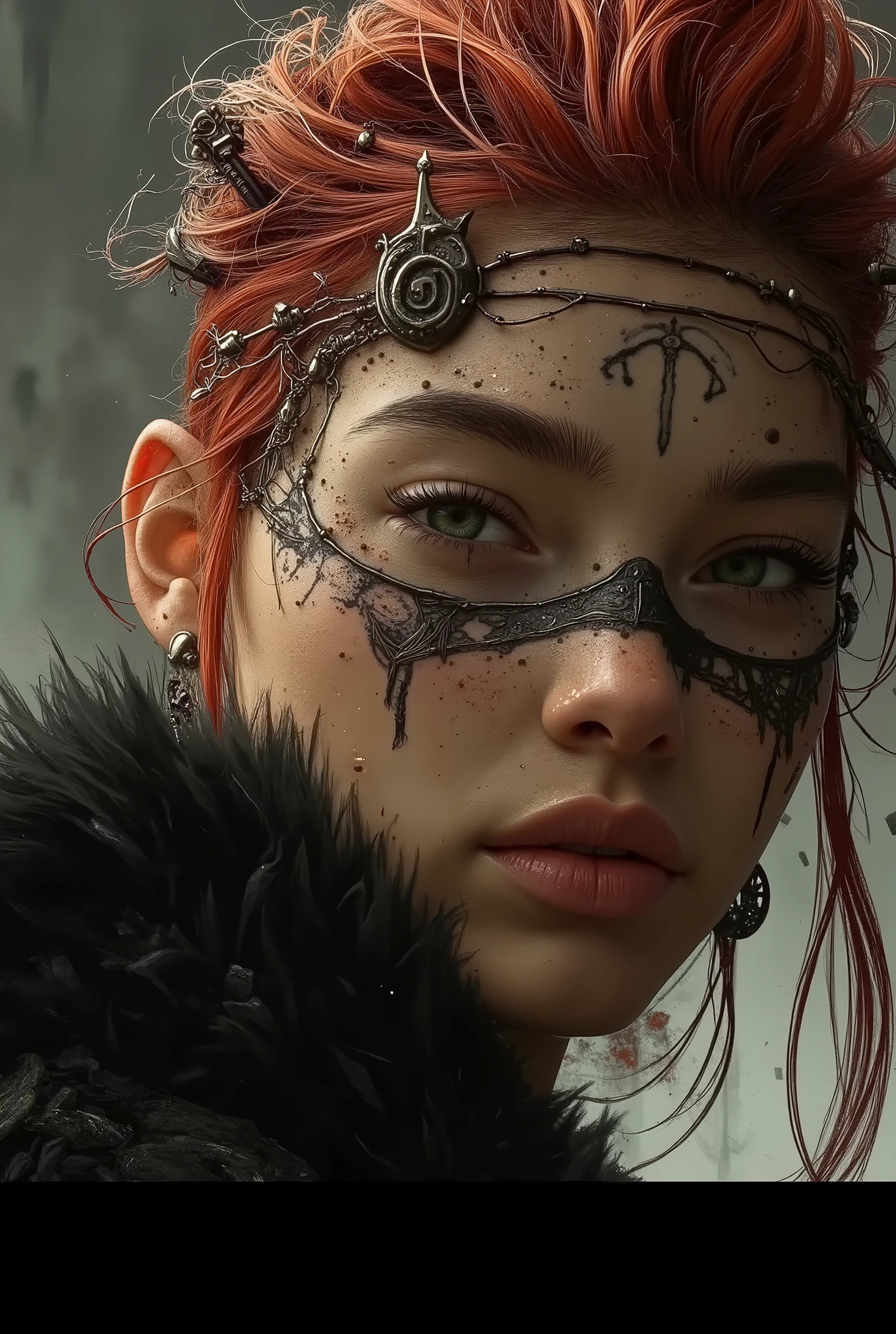 A WHITE WOMAN , allure effrayante, armure en fourrure noire, (( topless )), big chest, shaved head except for a red ponytail, pronounced black makeup , fully tattooed body , ((Pale skin)), Mystic warrior