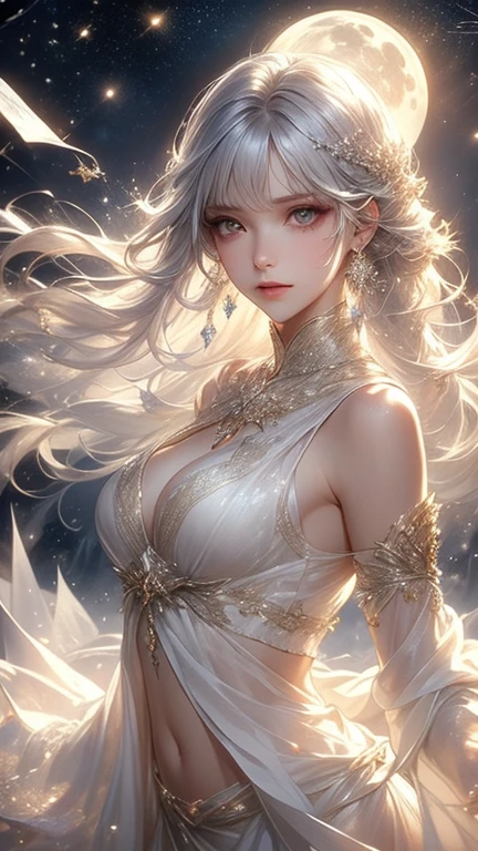 Castle in the distance、The face is front、Looking at the camera、profile、8K、realphoto、超A high resolution, Master Parts, Best Quality, nffsw , cinematic images,Lovely girl、ann、16 only、annグロサクソン、二重まぶた、drooing eyes、Very big eyes、Eyes purple、Dark eye shadow、The lips are very thin、The tip of the nose stretches beautifully..................、small nostrils,,,,, ighly detailed , Silver hair、Straight short hair、ssmile、 Sweet look 、a very beautiful woman、legs are long、 very big boobs(:1.8)、Very clear shadows , jewely , A detailed eye, very intricate, shiny skins , パーフェクトブリリannト, Perfect Lighting, Dramatic shadows、White tiara on head、Gold necklace around the neck、White aristocratic dress with gold embroidery、Glass High Heels、Angel White Wings