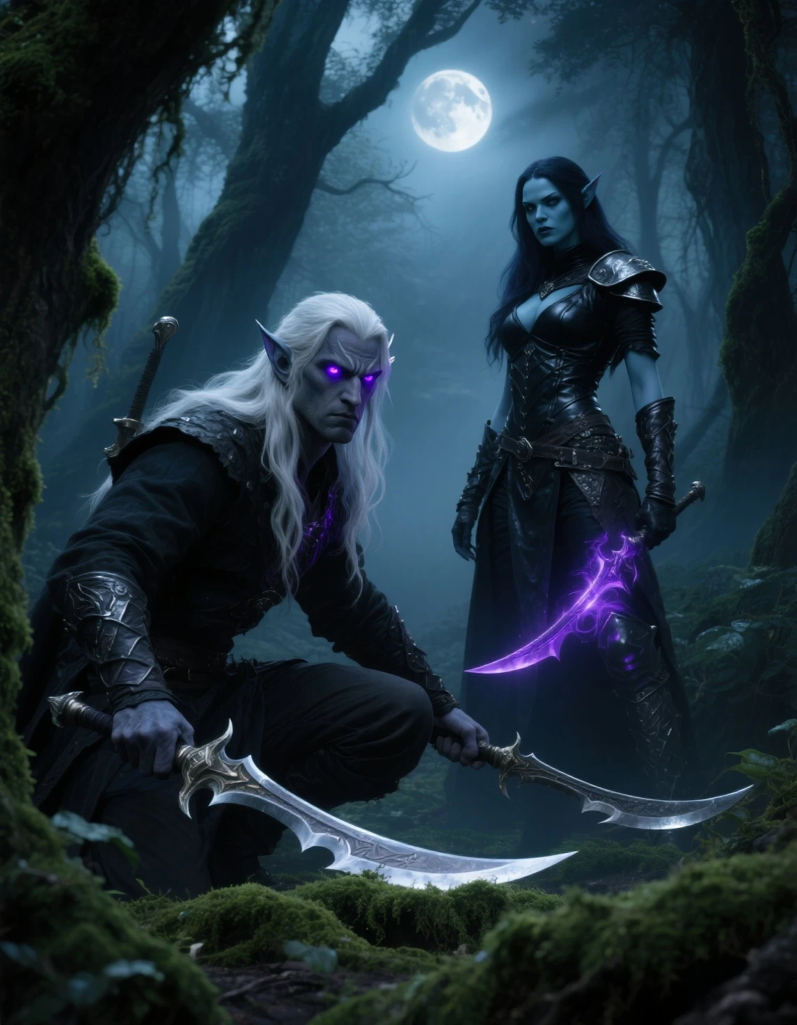 A dunmer wearing ebony mail, intricate ebony armor, glowing red eyes, long white hair, striking a powerful pose, dark fantasy, cinematic lighting, dramatic shadows, highly detailed, unreal engine, matte painting style, moody colors, deep shades of blue, purple and black