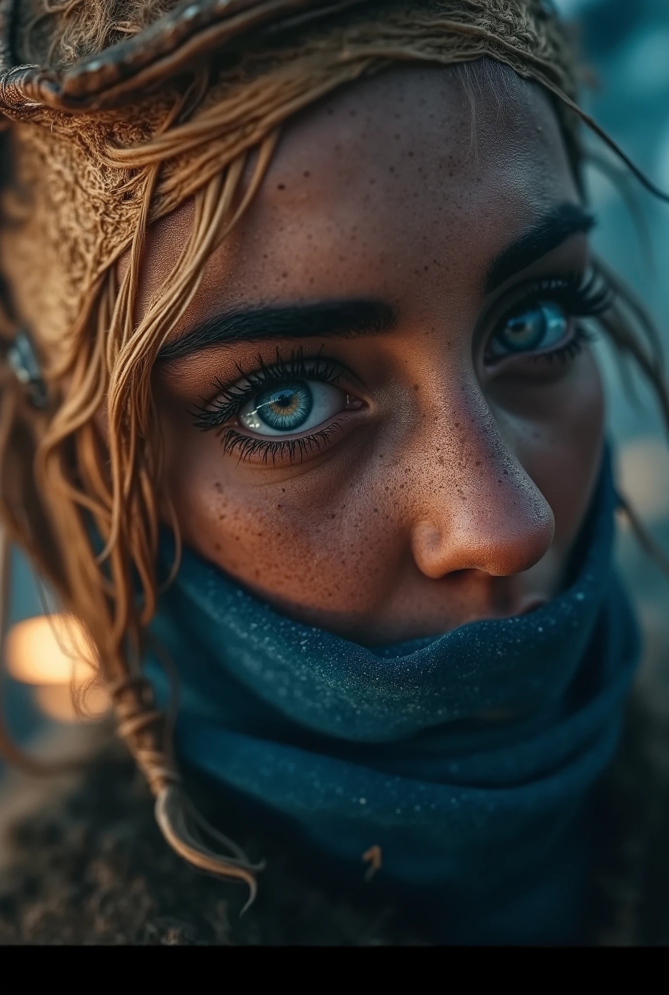 closeup photo of a striking female figure, her expression filled with intensity and defiance. detailed blue eyes, wearing a blue scarf over her mouth, blurry blue background in a cyberpunk city