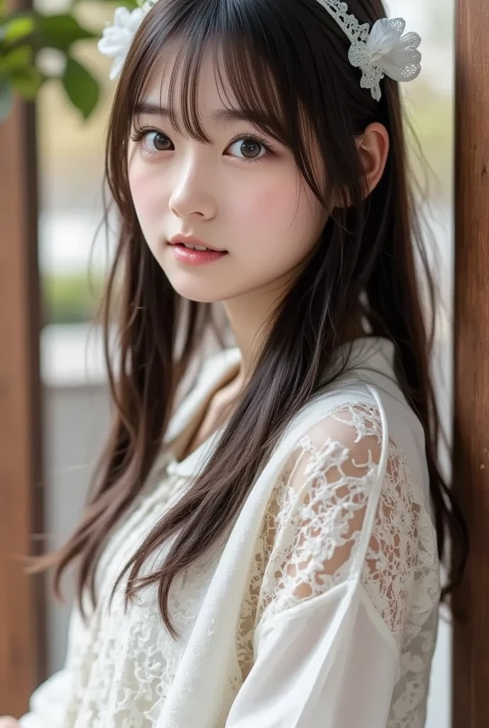 ((cute little日本の女の子、Beautiful japanese girl、1 girl in、age19、poneyTail、Highly detailed facial and skin texture、refinement、hyperdetailed face、ultradetailed eyes、blusher、blush、teak、ピンクのteakを塗った頬、close-up of woman、bustup、真frontageを向いている顔、真frontageを向いている体、Looking at the camera、frontage、cute little、smooth white skin、Transparent skin texture、))、(dark brown  hair、bangss)、Beautiful Women in Perfect Style：1.4、Japanese Models、Young gravure idols、若いcute littleグラビアアイドル、Realistic Young Gravure Idol、refinementされたグラビアアイドル、((top-quality、in 8K、​masterpiece:1.3、１Photo))、(4K、RAW Photography、top-quality)、(reallistic、フォトreallistic:1.37)、Place a person on the other side of the screen、natural soft light、upper body and head、refinement、