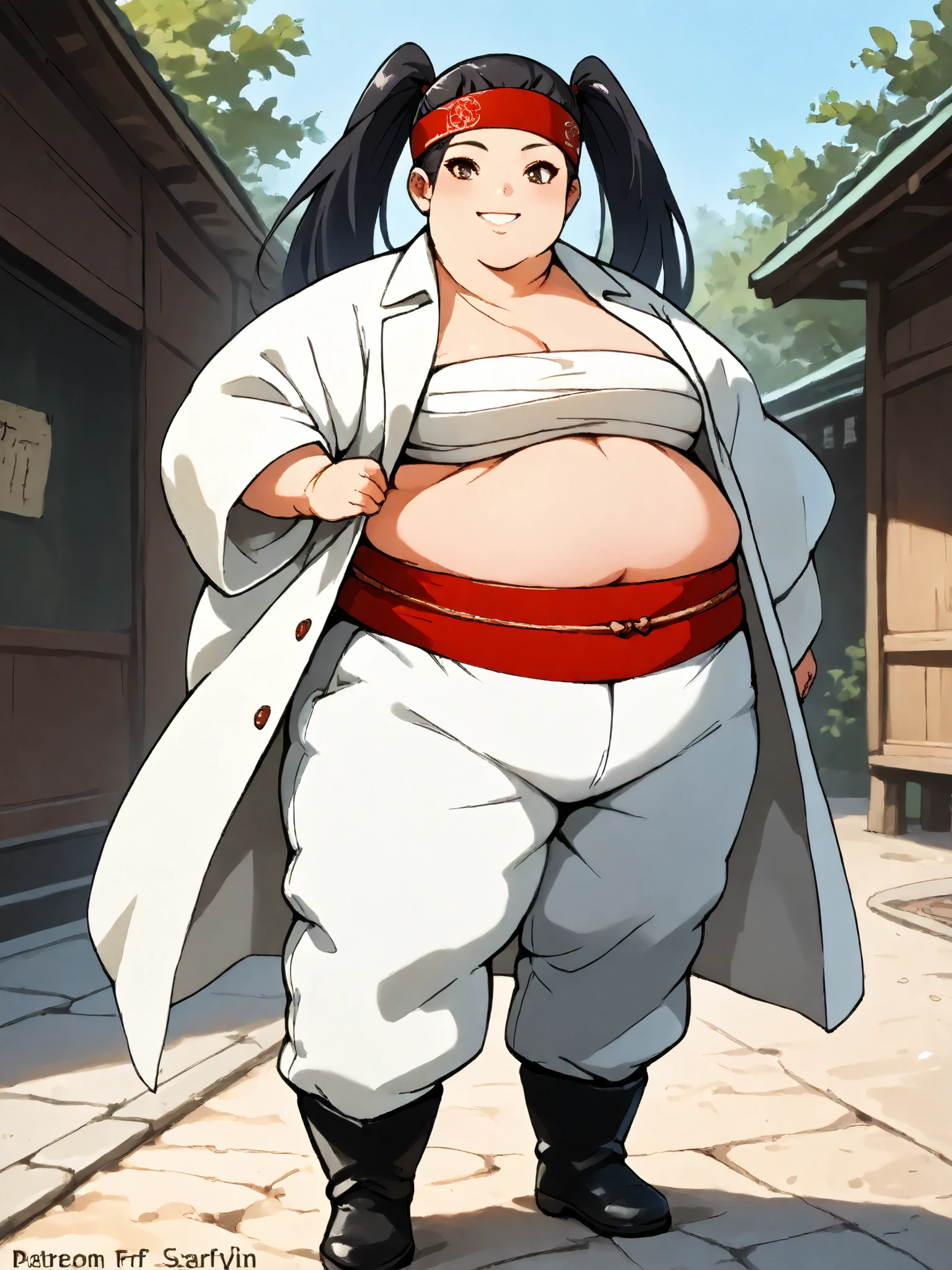 masterpiece, best quality, score_9, score_8_up, score_7_up, score_6_up, outdoors, 1girl, haylin, black hair, brown eyes, long hair, twin tails, female focus, solo, white jacket, white pants, headband, short hair, smile, black footwear, coat, crop top, midriff sarashi, sarashi, full body