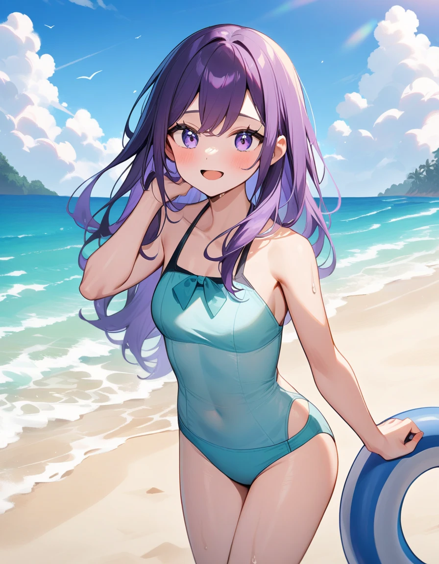 masterpiece、highest quality、Very detailed、Photograph the upper body、1 female、(Arms behind your back:1.4)、Are standing、Turn your body forward、View your viewers、(School Swimsuit)、blush、shy、Purple Hair、Open your mouth、Ocean、Big Breasts、