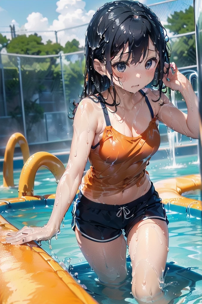 (Dripping wet with slippery lotion:1.5),((Orange swimsuit((Orange camisole)),Navy blue piping)),(Navy blue shorts),Black Hair,(Water playground in the park:1.2),(Leaning forward pose:1.4),