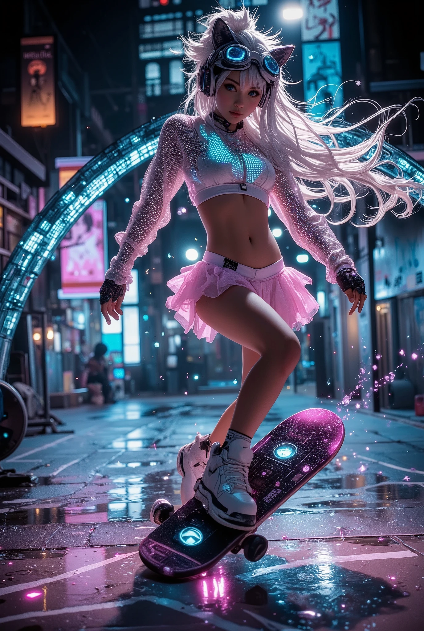 A young skater girl in a neon pink cyber gyaru image performs a jump through an arch of holographic pixels in a neon skate park. Her board glows with a purple-pink gradient, and when she does a trick, she leaves behind a trail of digital stars. There is an explosion of confetti in the form of chibi—anime heads in the air around.The girl is wearing a tight-fitting top with holographic inserts that glow in time with her movements, and a short mesh tutu skirt with LED lighting at the edges. Massive platforms with built-in speakers playing digital glimmer rock. Headphones shaped like cat ears with flashing neon blue lights. Fingerless gloves with projection screens showing her speed and skating style. Cyberpunk glasses with a running line (Japanese characters + emoticons). Location: The roof of a Tokyo skyscraper, converted into a secret skate spot: The floor is covered with glowing markings (as in rhythm games).
In the background is Tokyo at night with skyscrapers, advertisements for virtual idols and flying delivery drones.Rain (drops glow like liquid metal), reflections in puddles are distorted, like in a matrix. Style: A mix of anime and cyberpunk: harsh shadows + acidic colors. Dynamic speed lines (like in the manga), but with a *3D effect*.
Detail: even the microchips on her accessories and the reflection of the city in her glasses are visible. In the corner is graffiti with her tag: "GLiTCH_QUEEN" in the style of *90s game pixels*.Mood: Rebellious, but playful — she doesn't just ride, but breaks reality with her style!