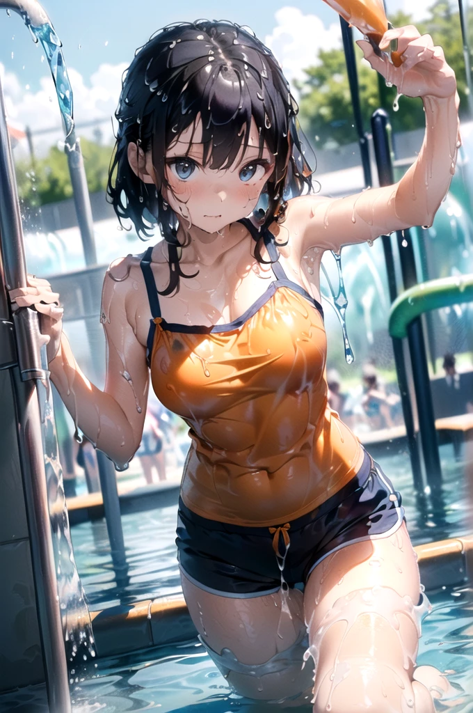 ((Highest quality、masterpiece、、Realistic、超High resolution、Very delicate and beautiful、High resolution、Cinema Lighting))、 Pool、((A scene where the audience is splashed with water:1.9))。((Short Wavy Hair:1.6))、smile。(Brightly colored swimsuits with easy-to-move-in designs)。Her movements are very lively and fun.、(Water splashes everywhere。背景には青いPoolの水とPoolサイドのデッキチェアとパラソルが見えます.。The sky was clear and、The sunlight reflects off the water surface)。The overall atmosphere is one of summer fun.。((head buck))