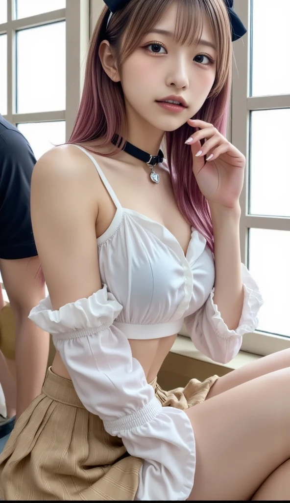 （Woman lying on bed）1 girl, Silver hair, striated hair, Bangs, Blunt bangs, Long hair, Pink hair, aqua eyes, longeyelashes, Purple eyes, makeup, Smile, Parted lips, Realism, Verism, surrealism, depth of fields, One-person viewpoint, F/1.8, 135 mm, canon, nffsw, retinas, masutepiece, ccurate, Anatomically correct, Textured skin, Super Detail, high details, High quality, Best Quality, hight resolution, 1080p, hard disk, 4K, 8K、（Coarse short sweater）Float from the shoulder、off shoulders、Black tight skirt（（Full Body Angle））、（open one's legs、stick out buttocks）、（shapely breasts,)、((sexypose)))、(camel's toe), tongue、Vaginal orchids、Runny Vaginal Discharge、Blowing tide、Very beautiful breasts、Grasp your breasts with both hands、 Spread your legs、sexual excitement、Sex Expressions、shinny skin。realisitic、Photorealsitic:1.37)、(Kpop Idol)、Medium Hair、(Pink blush)、(illuminating)、[[Open legs、Spread your legs apart]]、(独奏)、dynamicposes、((erectile nipple))、(Puffy eyes:1.２)、 (Slim legs)、erotick、nffsw、Highly detailed ambient occlusion、超A high resolution, A hyper-realistic, Highly detailed, (yawning), (((exhibitionism))), ((she is soaking wet)).Best Fatl, Highly detailed, (yawning), (((exhibitionism))), ((she is soaking wet)).,(((Left leg is restrained、Beautiful woman suspended by rope))),(Tears flow, cry with pain),(（Hands are restrained with a noose from the ceiling behind the head））,((Hands tied behind the back)),(( the neck is tied with a noose)）,（（The noose digs into the body））、 (( Exposed crotch, Exposed)）、（Eyes closed）