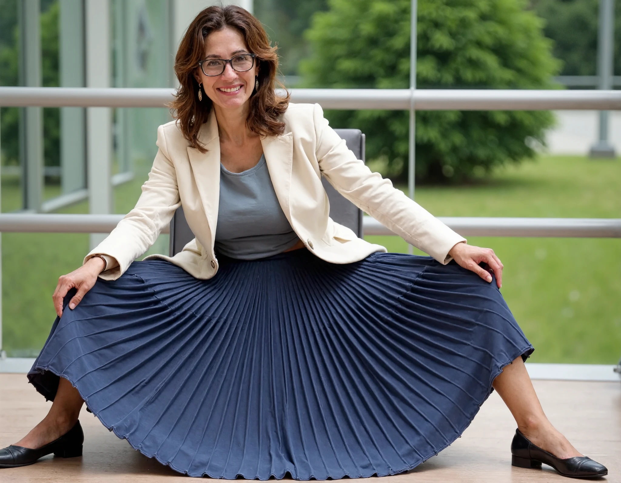Soft focus captures a vintage aesthetic on 35mm film, reminiscent of Portra400 or Vision3 200T/500T. In a spaceship office, your therapist, who is a kind, mature lady sits on her desk surrounded by starry cosmos through large windows, showing her empathy and maternal affection for you. Her long, pleated skirt, with very visible and sharp pleats, flows elegantly around her legs as she wears a uniform jacket over a blouse. Modest low-heel shoes and glasses complete her outfit. Gentle features on her beautiful, mature, feminine face beam with a warm smile as she flirtatiously lifts her skirt and seductively spreads her legs, inviting intimacy and comfort. Her skin is flushed, sweaty, and her cheeks blush. Her lips beckon for a kiss, as she desperately lusts for love and passionate embrace. The metallic spaceship interior is illuminated by warm light and a hint of moonlight, emphasizing your therapist's lust and seduction.