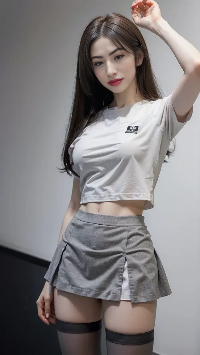 Girl posing for photo in Korean school uniform,full bodyesbian,legs are open,With a cropped T-shirt、brassier,Slim body,Smaller bust,Slim girl model,24 years old female model,Sit at the bar counter,A group of black men watched