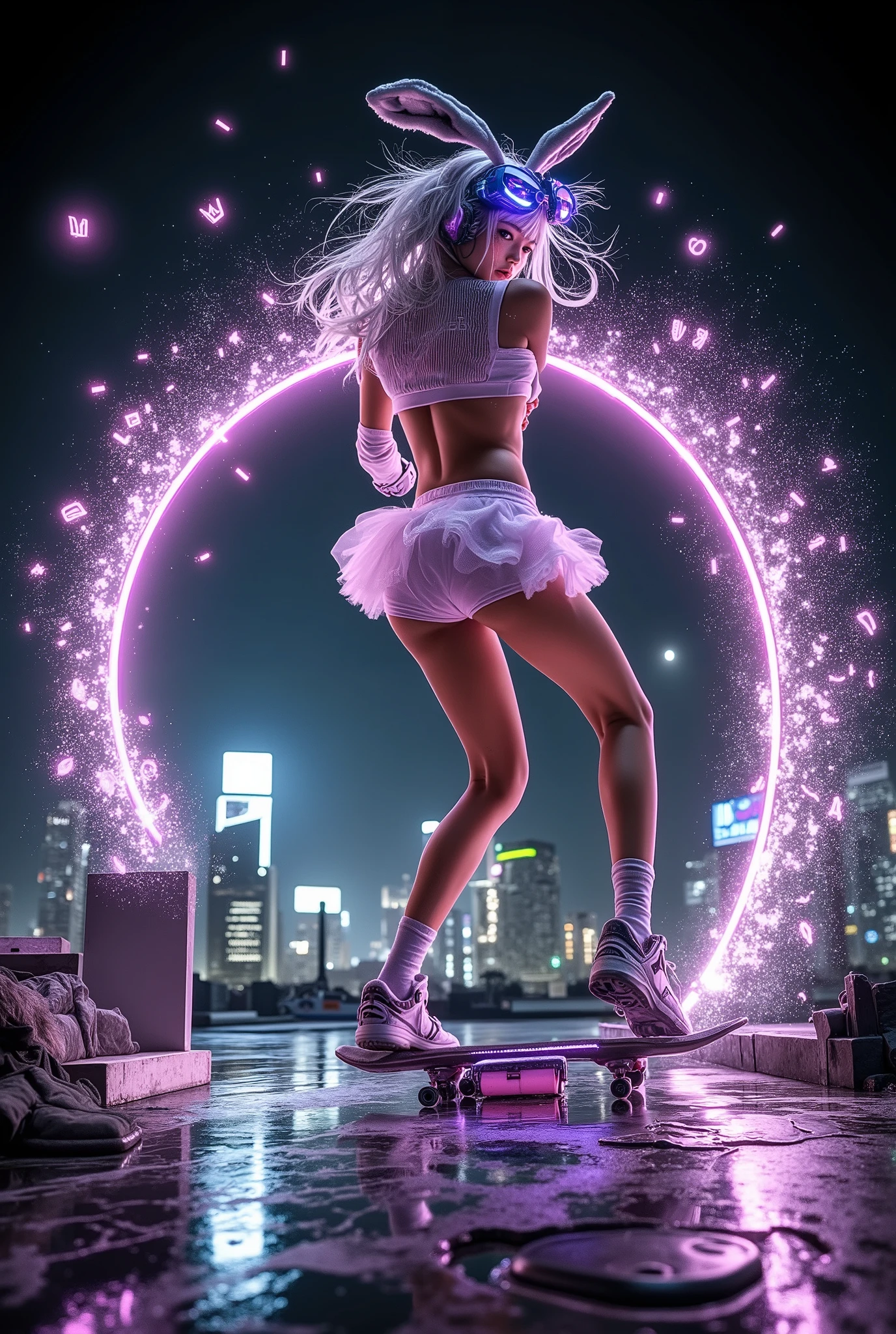 A young skater girl in a neon pink cyber gyaru image performs a jump through an arch of holographic pixels in a neon skate park. Her board glows with a purple-pink gradient, and when she does a trick, she leaves behind a trail of digital stars. There is an explosion of confetti in the form of chibi—anime heads in the air around.The girl is wearing a tight-fitting top with holographic inserts that glow in time with her movements, and a short mesh tutu skirt with LED lighting at the edges. Massive platforms with built-in speakers playing digital glimmer rock. Headphones shaped like cat ears with flashing neon blue lights. Fingerless gloves with projection screens showing her speed and skating style. Cyberpunk glasses with a running line (Japanese characters + emoticons). Location: The roof of a Tokyo skyscraper, converted into a secret skate spot: The floor is covered with glowing markings (as in rhythm games).
In the background is Tokyo at night with skyscrapers, advertisements for virtual idols and flying delivery drones.Rain (drops glow like liquid metal), reflections in puddles are distorted, like in a matrix. Style: A mix of anime and cyberpunk: harsh shadows + acidic colors. Dynamic speed lines (like in the manga), but with a *3D effect*.
Detail: even the microchips on her accessories and the reflection of the city in her glasses are visible. In the corner is graffiti with her tag: "GLiTCH_QUEEN" in the style of *90s game pixels*.Mood: Rebellious, but playful — she doesn't just ride, but breaks reality with her style!